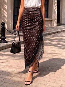 Modelyn Women's Lace Patchwork Asymmetrical Hem Elegant Skirt For Commute, Party And Casual Wear Polka Dots Fall/Winter - Brown - View 6