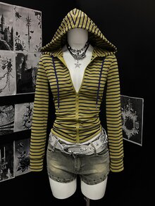Elamini 時尚女款條紋拉鍊連帽抽繩運動衫 - 彩色 - 查看 3