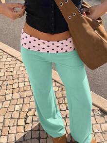 Muchica Casual Minimalist Women's Light Green And Light Pink Colorblock Polka Dot Pattern Versatile Daily Pants Suitable For Spring And Autumn - Multicolor - View 5