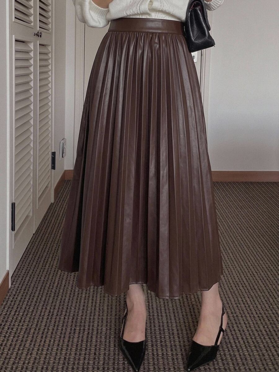 DAZY Women's Solid Color High Waist Elegant Commute Pleated Skirt - Coffee Brown - View 1
