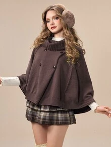 ROMWE Women's Solid Color Fashion Versatile Double-Breasted Cape Shawl Cardigan - Brown - View 7