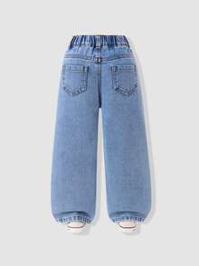 Genkimix Kids Celana Jeans Denim Bordir Aplikasi Kupu-kupu Lucu untuk Anak Perempuan, Desain Pita Busur Merah Muda, Celana Panjang Lurus Warna Biru Muda, Pakaian Gaya Manis Y2K untuk Anak-anak - Medium Wash - View 2