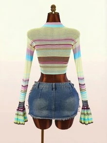 Amplova Women's Colorful Striped Long Sleeve Cropped Casual Sweater - Multicolor - View 9