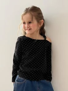 DAZY Young Girl Korean Style Polka Dot Print Cold Shoulder Long Sleeve T-Shirt - Black - View 4