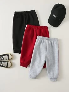 Cozy Pixies 3件組嬰兒男孩女孩可愛秋冬休閒百搭純色側條紋鬆緊腰慢跑長褲，百搭長褲多件組 - 彩色 - 查看 2