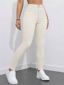 SHEIN ICON 大尺碼女款街頭休閒彈性舒適深藍色牛仔緊身牛仔褲 - 米色 - 查看 1