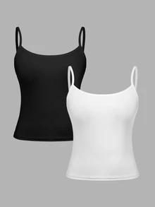 SHEIN 青少年女孩針織純色修身休閒細肩帶背心與內搭背心2件組 - 白色 - 查看 5