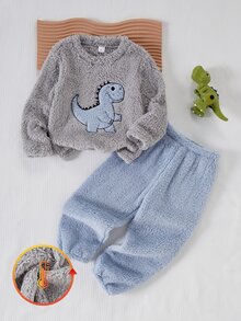秋冬雙面保暖內裡加厚男童幼兒套裝，酷萌卡通恐龍刺繡，柔軟舒適毛茸茸長袖上衣與長褲 2 件套，居家休閒服 - 灰色 - 查看 2