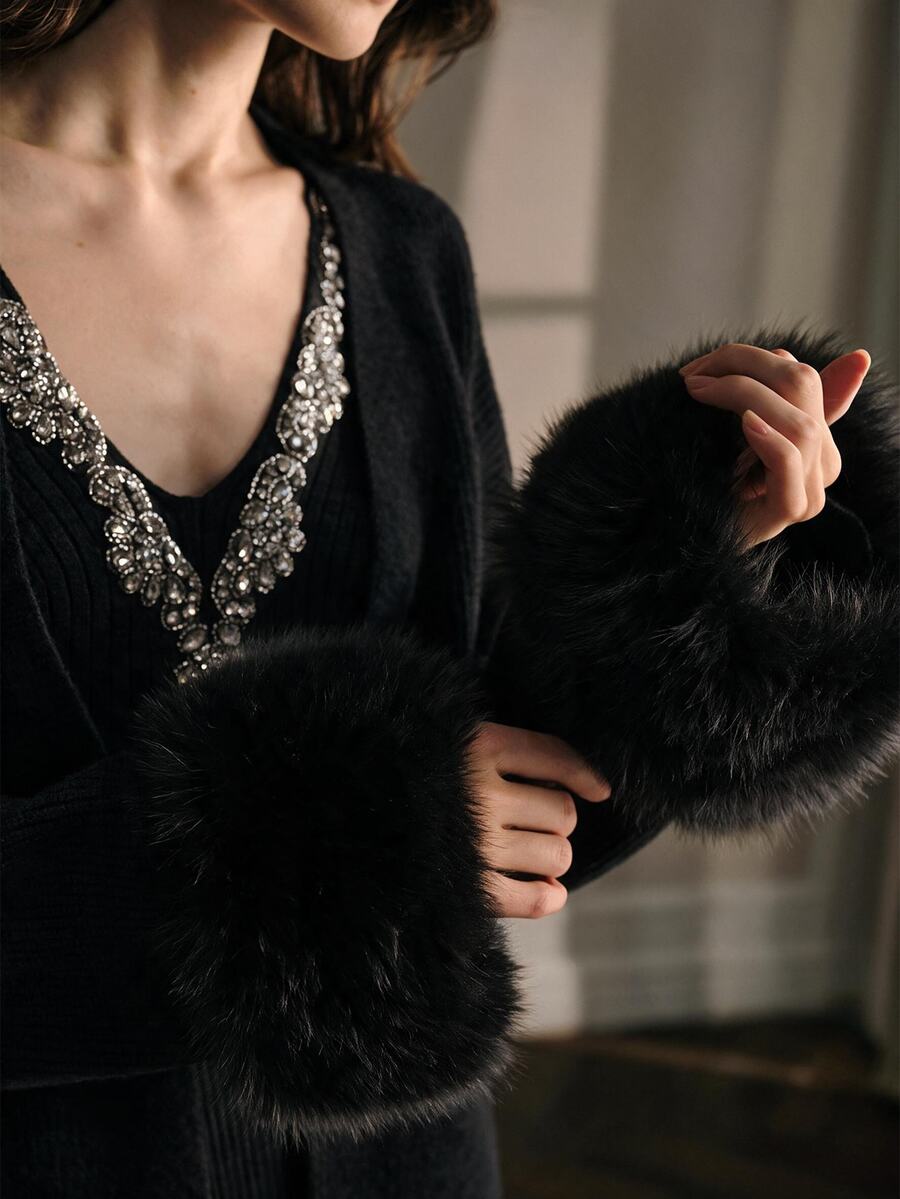 MOTF PREMIUM RHINESTONE DETAIL KNIT TOP & FURRY TRIM CARDIGAN - Black - View 2