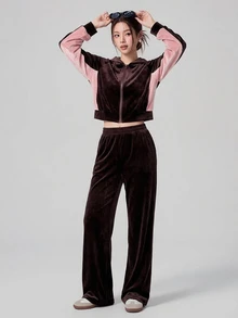 DAZY Women's Colorblock Zip-Up Long Sleeve Hoodie And Pants Casual Daily Sports Set - Burgundy - View 1