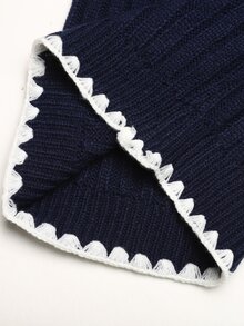 SHEIN Teen Girl Autumn/Winter Casual Deep Blue Striped/Asymmetrical Shoulder Pullover Sweater And Long Pants 2 Pieces Set, Suitable For Daily Wear,Autumn,Winter - Navy Blue - View 6
