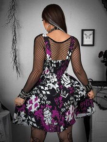 Whyspr Harley Quinn X SHEIN Plus Size Women's Letter Print Casual Party Dress - Multicolor - View 2
