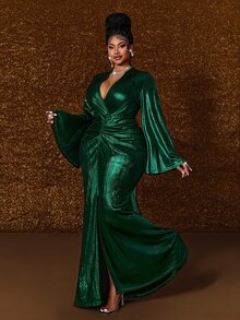 Maweii Plus Size Women's Metallic Texture V-Neck Bell Sleeve Slit Hem Elegant Fitted Long Dress - Green - View 4