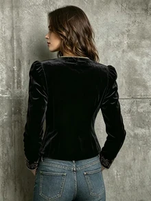 LUMIGAL Black Velvet Embroidered Lace Trim Vintage Women's Jacket - Black - View 2
