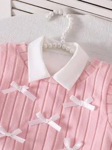 Casuvi Kids Young Girl 3pcs Back-To-School Outfit White Long Sleeve Collared Shirt Pink Cute Bow Detail Knit Vest Ribbed Wide Leg Pants Set 7th Birthday Fall Baby - Pink - View 6