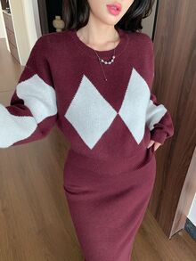 Seusyu 女款秋冬幾何圖案長袖毛衣與針織裙優雅兩件套 - 彩色 - 查看 8