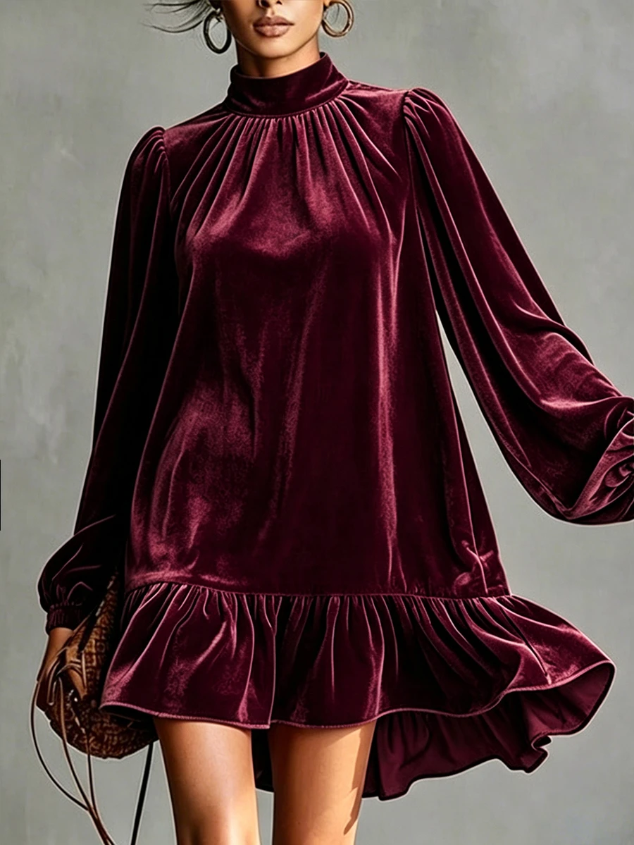 SHEIN 高領燈籠袖荷葉邊天鵝絨洋裝 - 酒紅色 - 查看 1