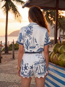CAJUNI Women's Ocean Creature Print Drawstring Waist Shorts For Beach White And Blue Summer Casual Conservative Sexy - Blue and White - View 5