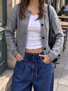 Autumina Cardigan Rajut Kabel Warna Polos, Jaket Sweater Kancing Tunggal Warna Polos, Cocok Untuk Pakaian Kasual Di Musim Gugur Dan Musim Dingin - Grey - View 3