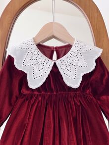 SHEIN Baby Girl Velvet Thick Long Sleeve Ruched Waist Lace Embroidered Peter Pan Collar Loose Long Dress Suitable For Winter Christmas - Burgundy - View 10