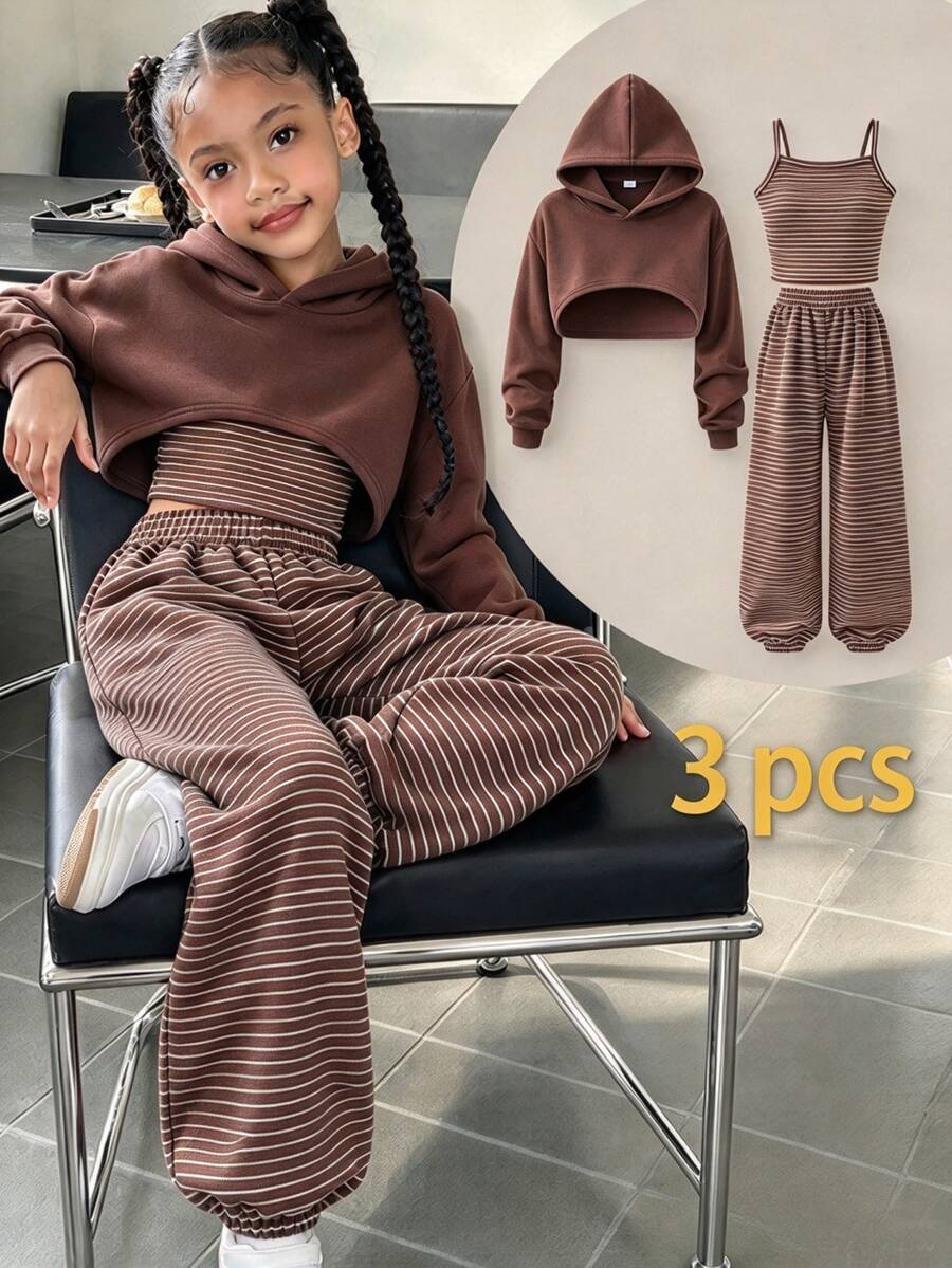 SHEIN Girls' Simple Casual Daily Knit Sports Cover Up, Striped Tank Top And Striped Sports Pants, Autumn, Winter - Brown - View 1