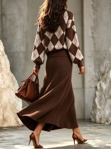 Balvessa Women's Diamond Grid Long Sleeve Top And Skirt Knit 2 Pieces Set - Brown - View 2