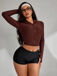 Slayform Women's Solid Color Casual Daily Long Sleeve Sports Jacket - Brown - View 5