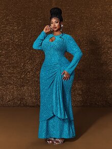 Maweii Plus Size Women's Elegant Textured Fabric Round Neck Long Sleeve Slim Fit Dress Fall - Blue - View 6