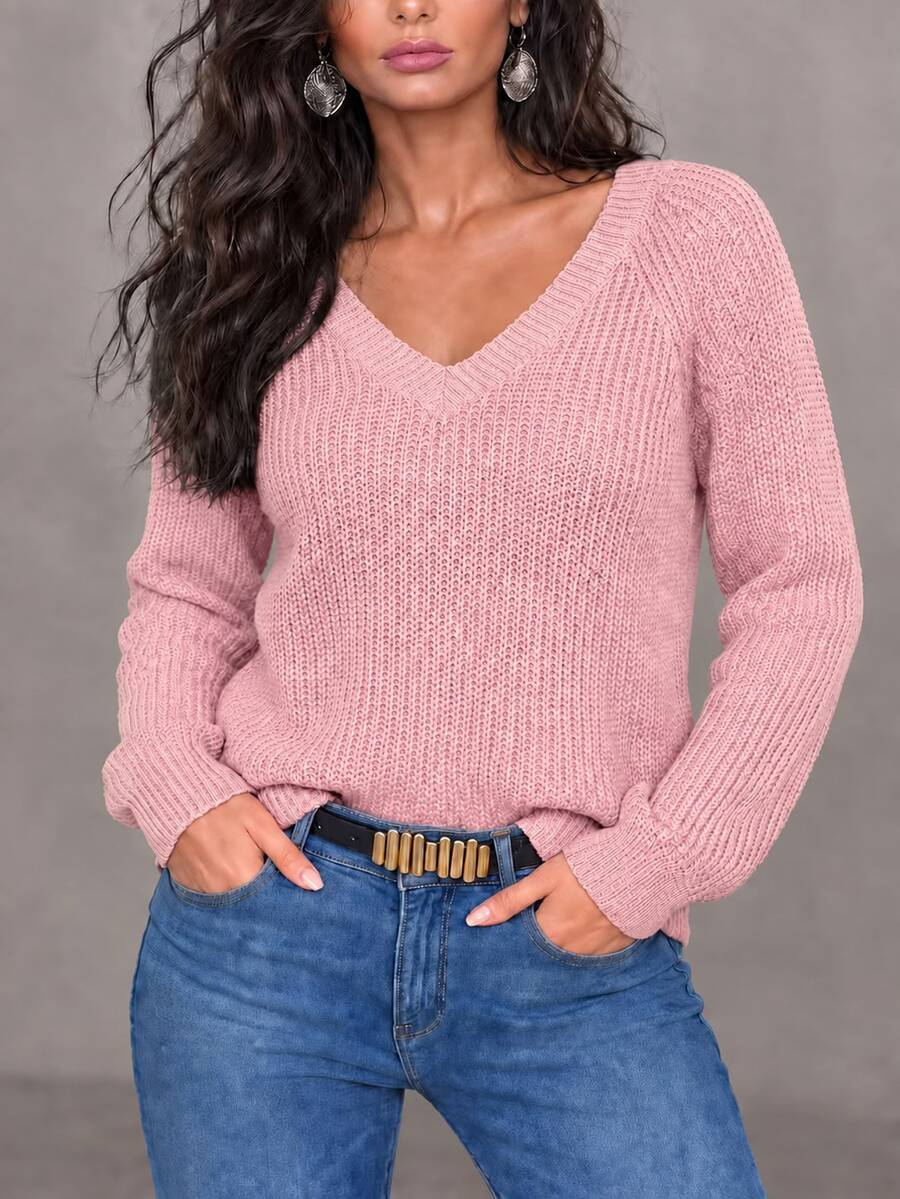 EMERY ROSE Women's Casual Versatile Solid Color Sweater, Autumn/Winter Office Brunch Olive Green - Watermelon Pink - View 1