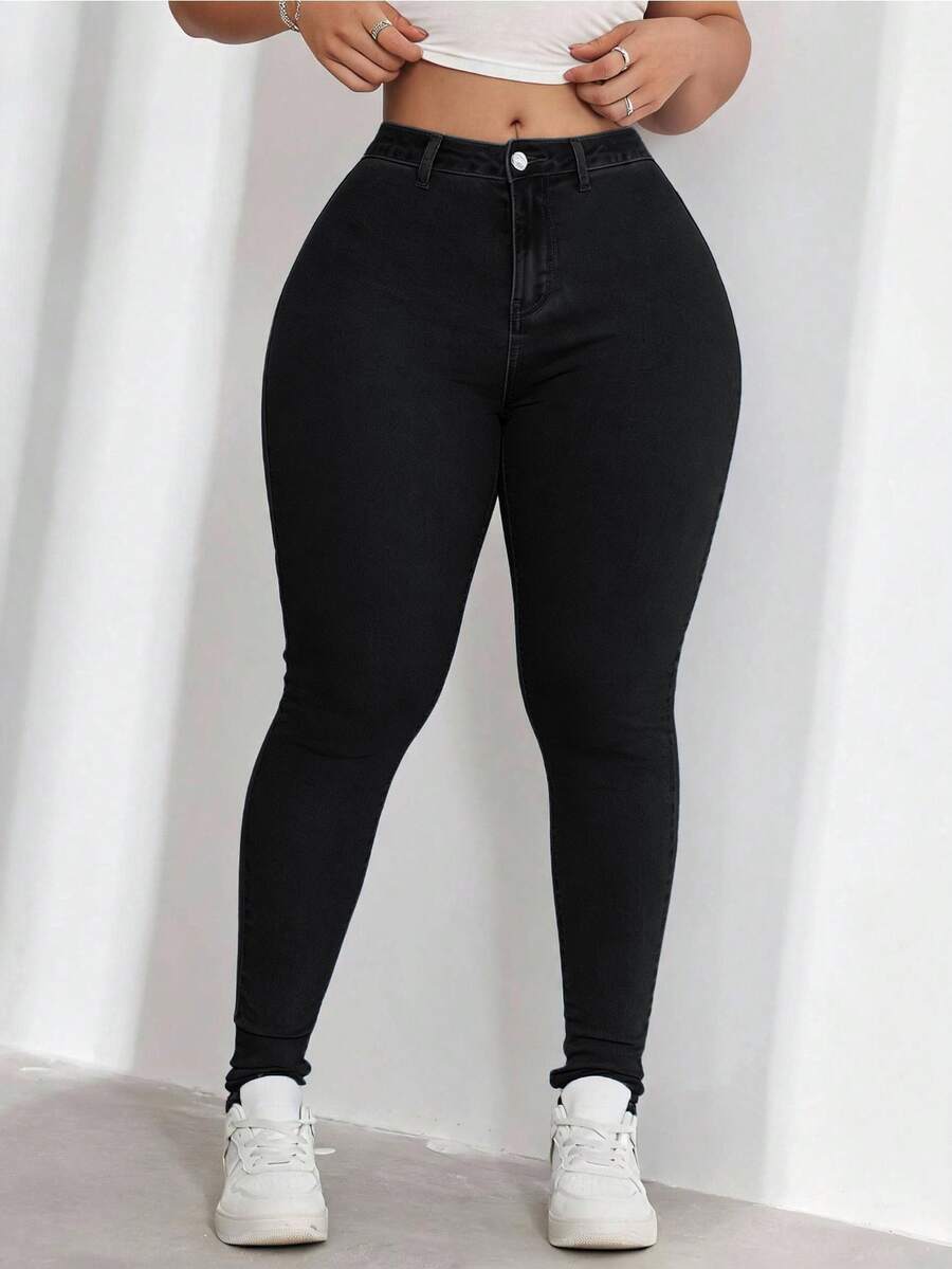 SHEIN ICON 大尺碼女款休閒舒適淺藍色彈性牛仔褲 - 黑色 - 查看 1
