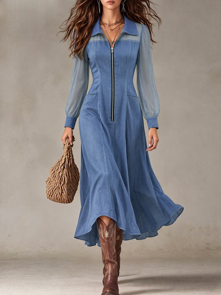 SHEIN Women's Autumn/Winter Fashion Casual Elegant Commute Mesh Patchwork Long Blue Open Front Dress - Blue - View 1