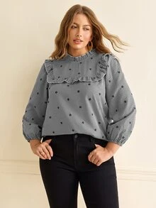 Écloséra Curve Plus Size Women's French Vintage Plaid Shirt, Woven Fabric, Ruffle Collar, Frill Trim, Embroidered Puff Long Sleeve Blouse - Black - View 3