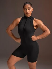 Powerista Women's Solid Color Zipper Half-Placket Sleeveless Athletic Romper - Black - View 3