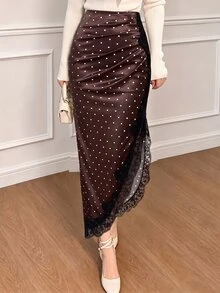 Modelyn Women's Lace Patchwork Asymmetrical Hem Elegant Skirt For Commute, Party And Casual Wear Polka Dots Fall/Winter - Brown - View 7
