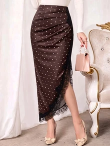 Modelyn Women's Lace Patchwork Asymmetrical Hem Elegant Skirt For Commute, Party And Casual Wear Polka Dots Fall/Winter - Brown - View 5