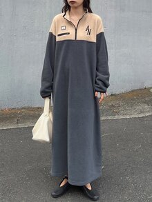 FRIFUL Women's Letter Print Colorblock Casual Daily Long Dress - Beige - View 2