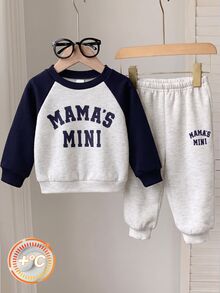 Cozy Pixies 嬰兒男孩/女孩可愛字母印花對比色長袖衛衣，中性嬰兒服飾，嬰兒冬季服裝 - 藍色 - 查看 1