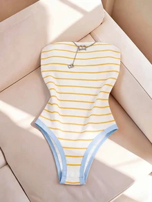 SHEIN Franclia 時尚修身性感無肩帶條紋女款連身衣 - 黃色 - 查看 1