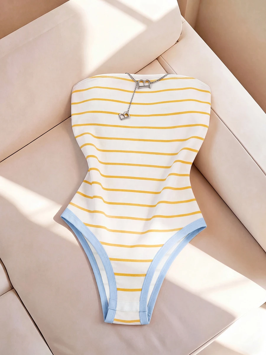SHEIN Franclia 時尚修身性感無肩帶條紋女款連身衣 - 黃色 - 查看 1