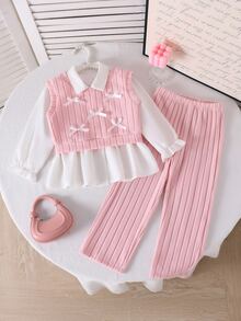 Casuvi Kids Young Girl 3pcs Back-To-School Outfit White Long Sleeve Collared Shirt Pink Cute Bow Detail Knit Vest Ribbed Wide Leg Pants Set 7th Birthday Fall Baby - Pink - View 4