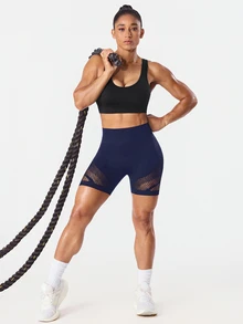 SHEIN Sports 1pc Moisture-Wicking Mesh Design Basic Black Workout Shorts, Seamless For Fitness/Yoga - Navy Blue - View 3