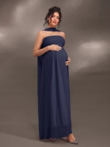 Cheriluna Maternity Elegant Ruffle Detail Solid Color Off-Shoulder Sleeveless Maternity Dress For Baby Shower, Christmas Party - Royal Blue - View 4