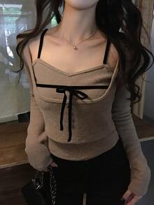 DAZY Women's Short Casual Pullover Sweater - Khaki - View 6