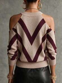 SHEIN Women's V-Stripe Colorblock Cold Shoulder Long Sleeve Loose Knit Sweater - Multicolor - View 2