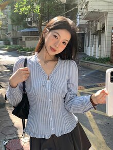 DAZY 女款荷葉邊條紋無袖上衣，清新甜美夏季風格 - 淺藍色 - 查看 6
