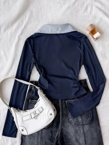 Teen Girls V-Neck Long Sleeve 2 In 1 Shirt Collar Fitted Knit T-Shirt - Navy Blue - View 2