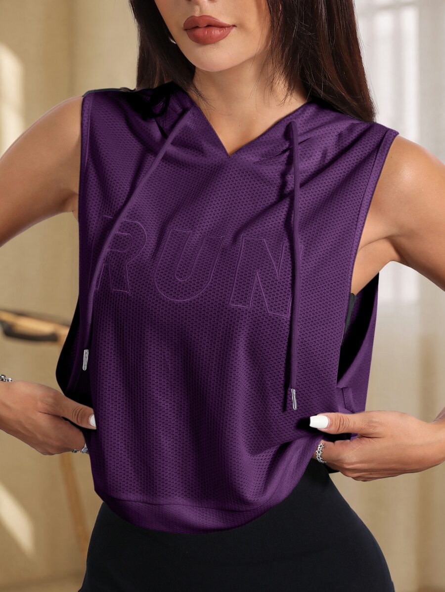 Eassivo Eassivo 字母刺繡無袖抽繩連帽運動衛衣 - Bold Plum - 查看 1
