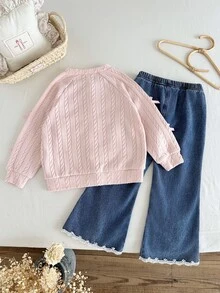Vintaside Kids 2件組幼女針織開襟衫與喇叭牛仔褲套裝，可愛粉藍配色，麻花編織蝴蝶結蕾絲飾邊，長袖圓領，生日派對秋季假期公主風舒適款 - 粉色 - 查看 2