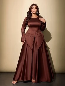 Viva Relle Plus Size Coffee Brown Autumn Premium Satin Layered A-Line Long Dress 2 Pieces Set - Coffee Brown - View 1