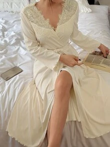 Napfluff Women's Heavy Embellished Floral V-Neck Lettuce Edge Trim Nightgown - Apricot - View 5